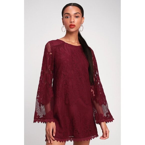 Lulus Dresses & Skirts - Lulu's Women's Burgandy Lace Bell Sleeve Long Sleeve Dress - Medium